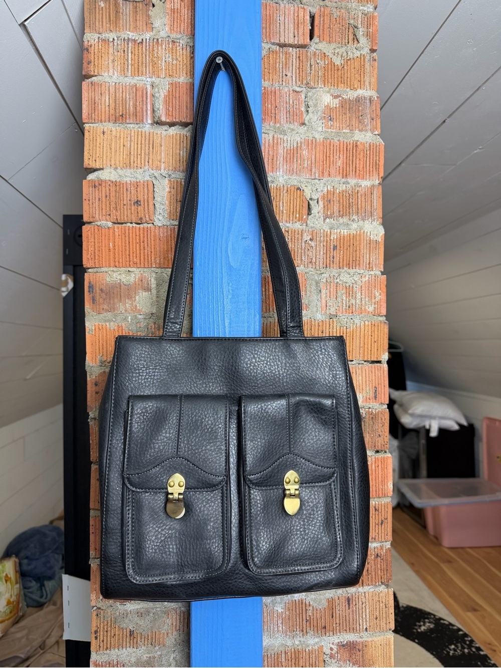 Relic by Fossil Y2K Black Leather Tote with Front Pocket Detail